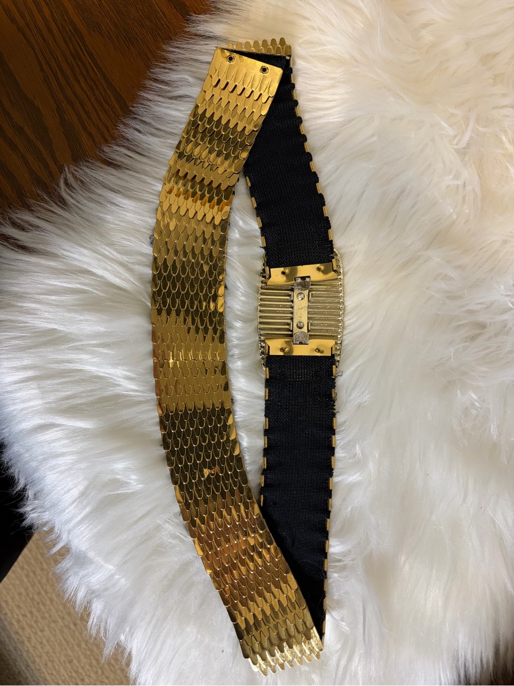 Vintage 80s Gold Metallic Scale Elastic Belt Rhinestone Buckle SIZE LARGE/X-LG - Picture 9 of 13